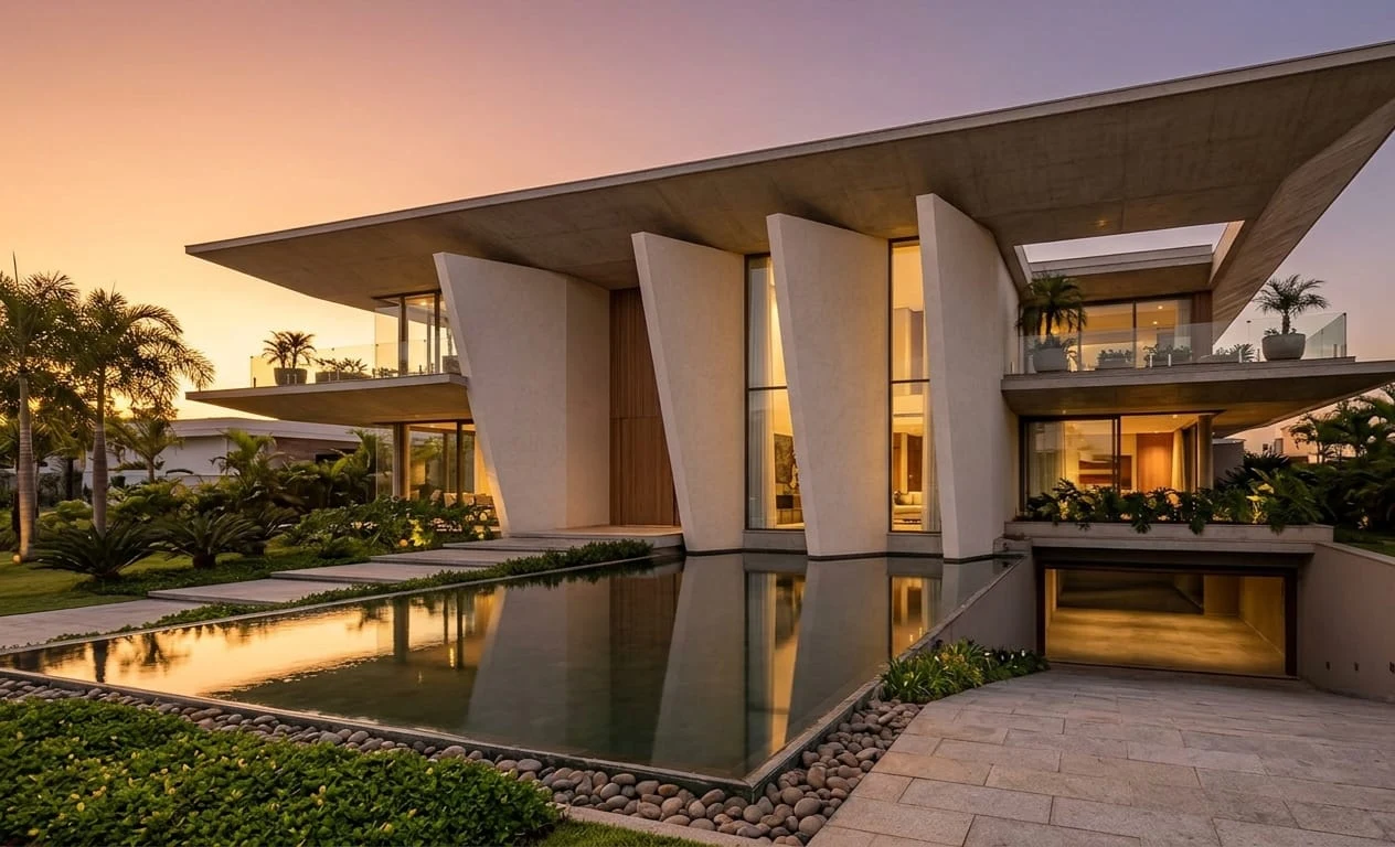 Residência de volumes esculturais junto a um espelho d’água ao pôr do sol